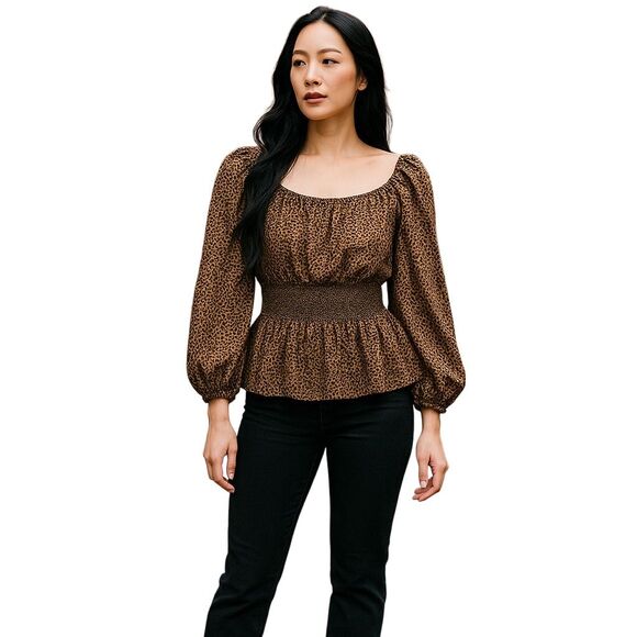 Women's 3XL Cheetah Print Long Sleeve Smocked Blouse Casual Top - Picture 1 of 5